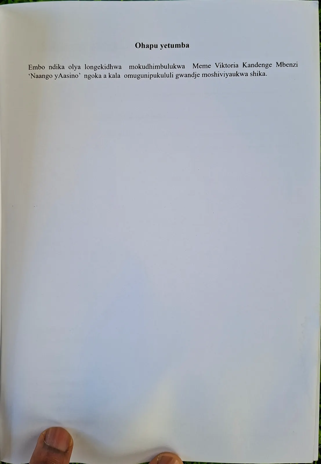Dedication page headed Ohapu yetumba.