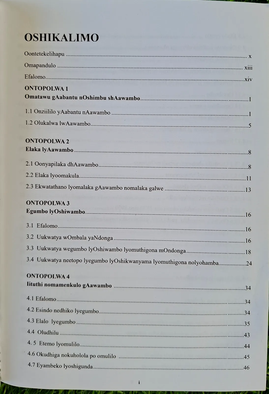 First page of the contents, headed Oshikalimo.