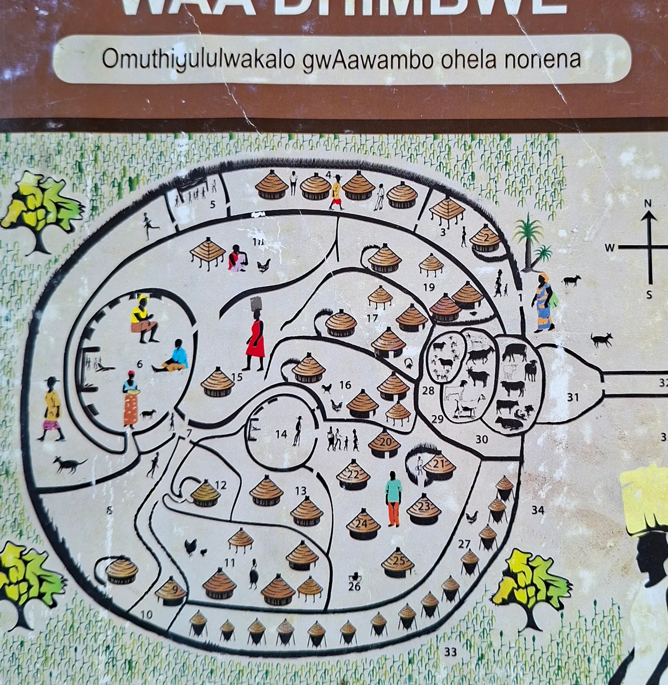 The homestead plan from the front cover: a palisaded homestead with huts, granaries, and cattle enclosures, each place numbered.